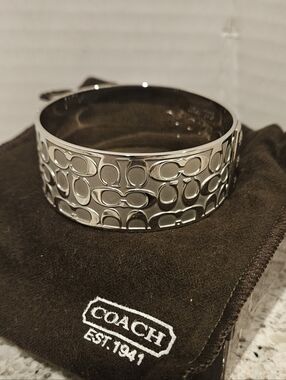 Coach Silver Logo-Pattern Wide Cuff Bracelet